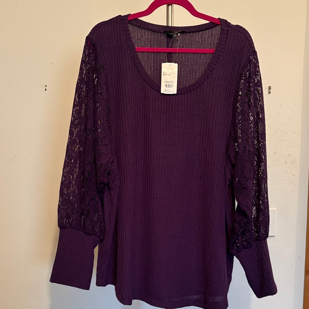 Suzanne Betro Deep Purple Lace Sleeve Top